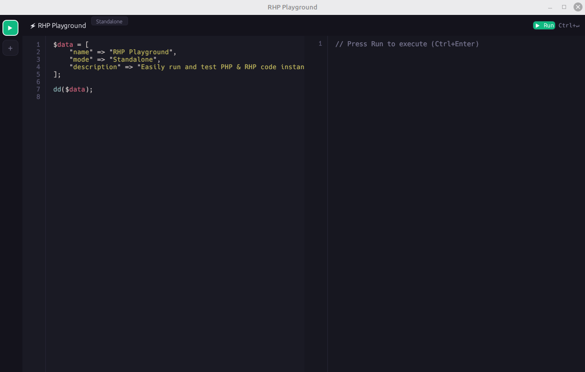 RHP Playground desktop app interface showing interactive code execution and application debugging